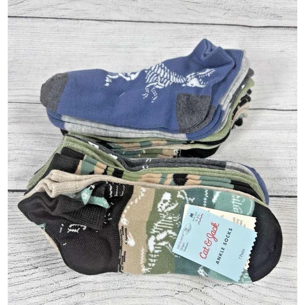 Boys  7pk Dinosaur Camo Ankle Socks Sz M 9-2 Lot 2 Packs (14 Pair) Cat & Jack™ M